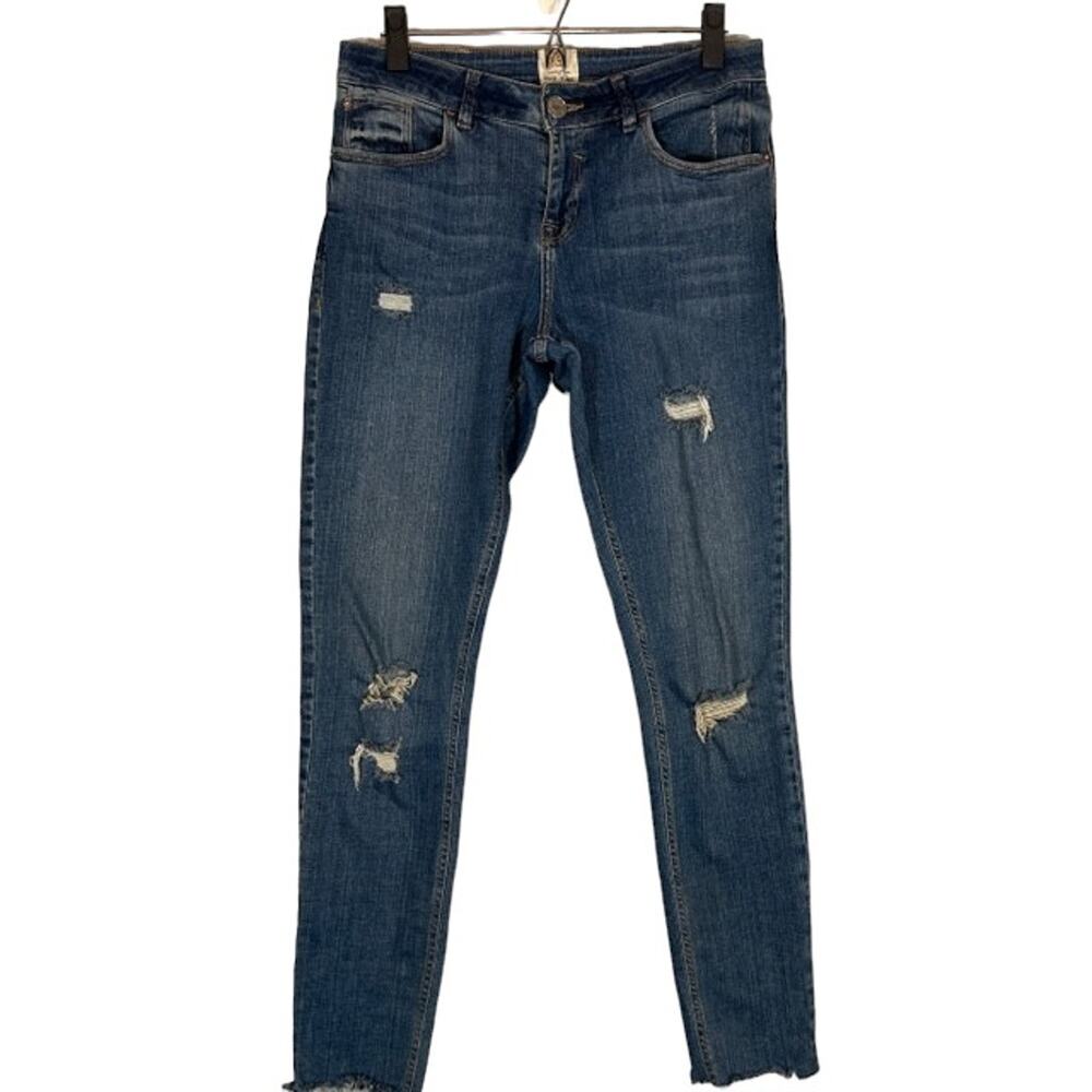 River Island Women’s Blue Distressed Raw Hem Skinny Denim Jeans Size 12